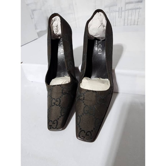 Authentic Gucci Vintage GG Square Toe Pumps Thick Heels Brown Size 36C - Picture 9 of 15